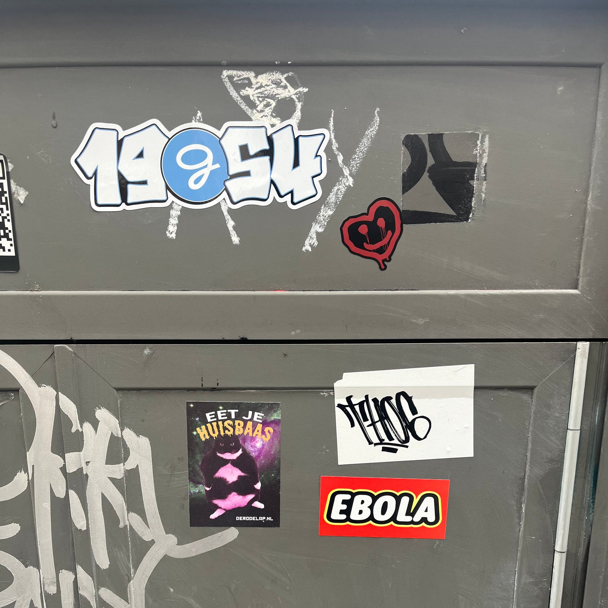 Graffiti and stickers on a metallic surface